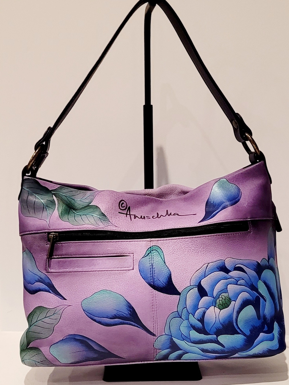 Anuschka Purple Hand-Painted Floral Hobo Bag